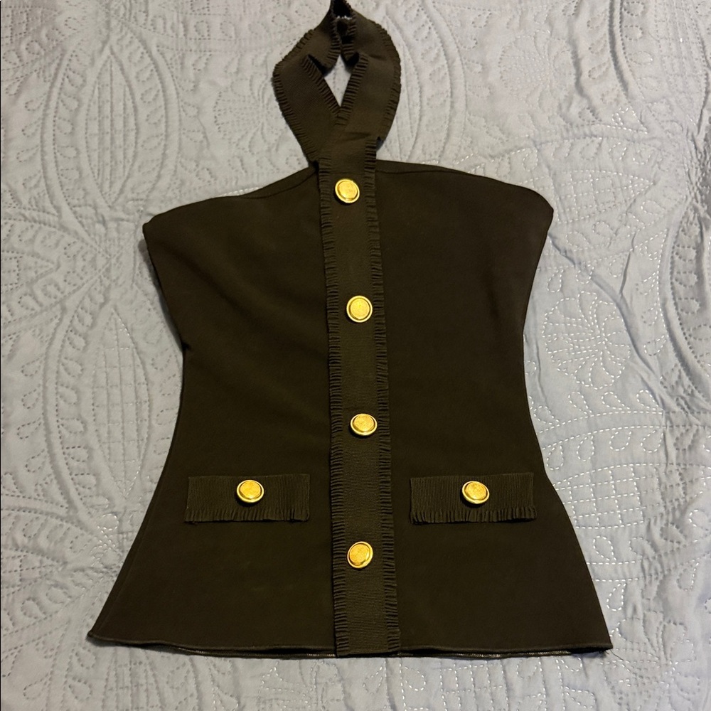 Zara Black Halter Top with Gold Buttons